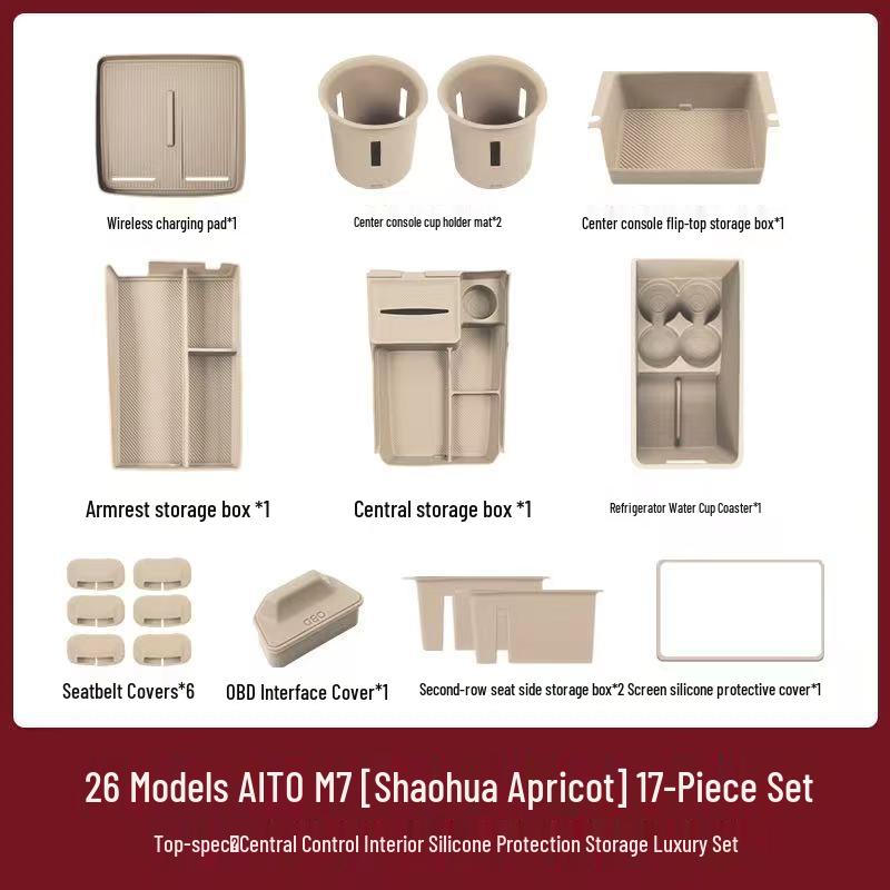 Compatible with 26 AITO M7 models, this silicone car interior set features wireless charging capabilities and decorative modifications.