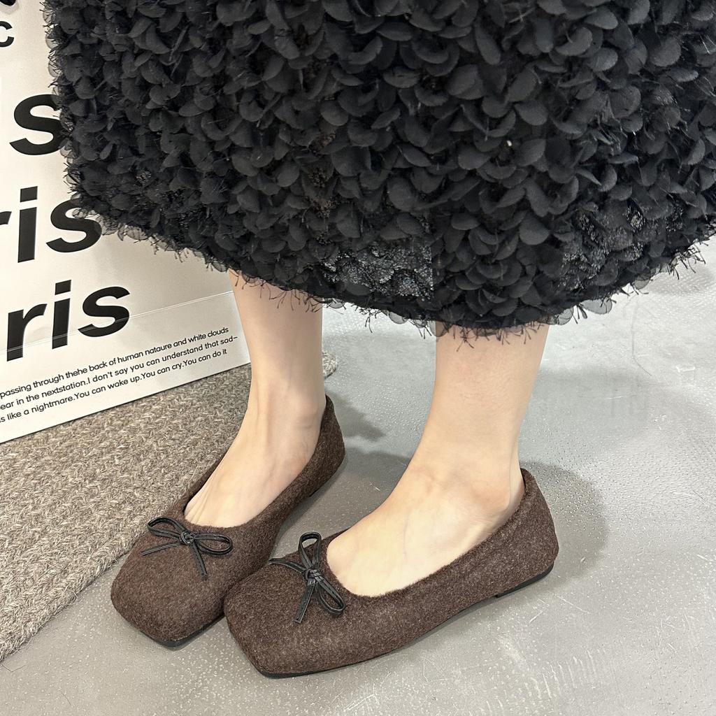 Fashion New Style Fashionable Woman Casual Square Head Bow Flats Flock Ballerina Luxury Flats Female Suede Elegant Soft Sole Women Shoes