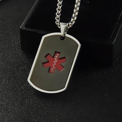 Etiquetas rectangulares para perros, símbolos médicos, collar para hombres, collar con colgante de acero de titanio (con cadena)