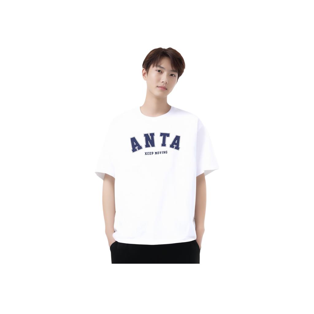 Anta Lifestyle Series Letter Round Neck Casual Sports Short Sleeve Drop Shoulder T-Shirt Men T-Shirts Snow-White 952428106-1