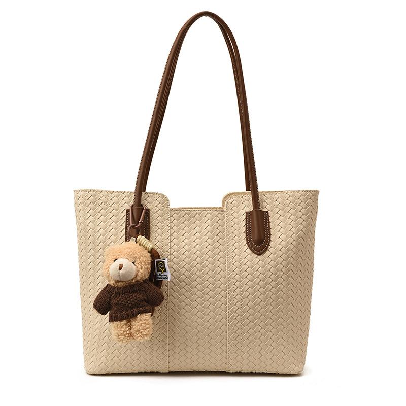 

Вместительная ретро-сумка-тоут, высококлассная сумка через плечо с плетеным узором для женщин бежевый