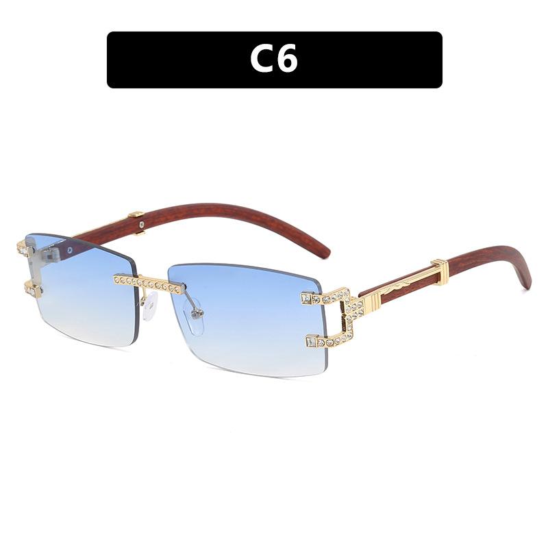 Unisex Rectangle Rimless Women Wood Leg Luxury Brand Designer Trendy Retro Frameless Sun Glasses UV400