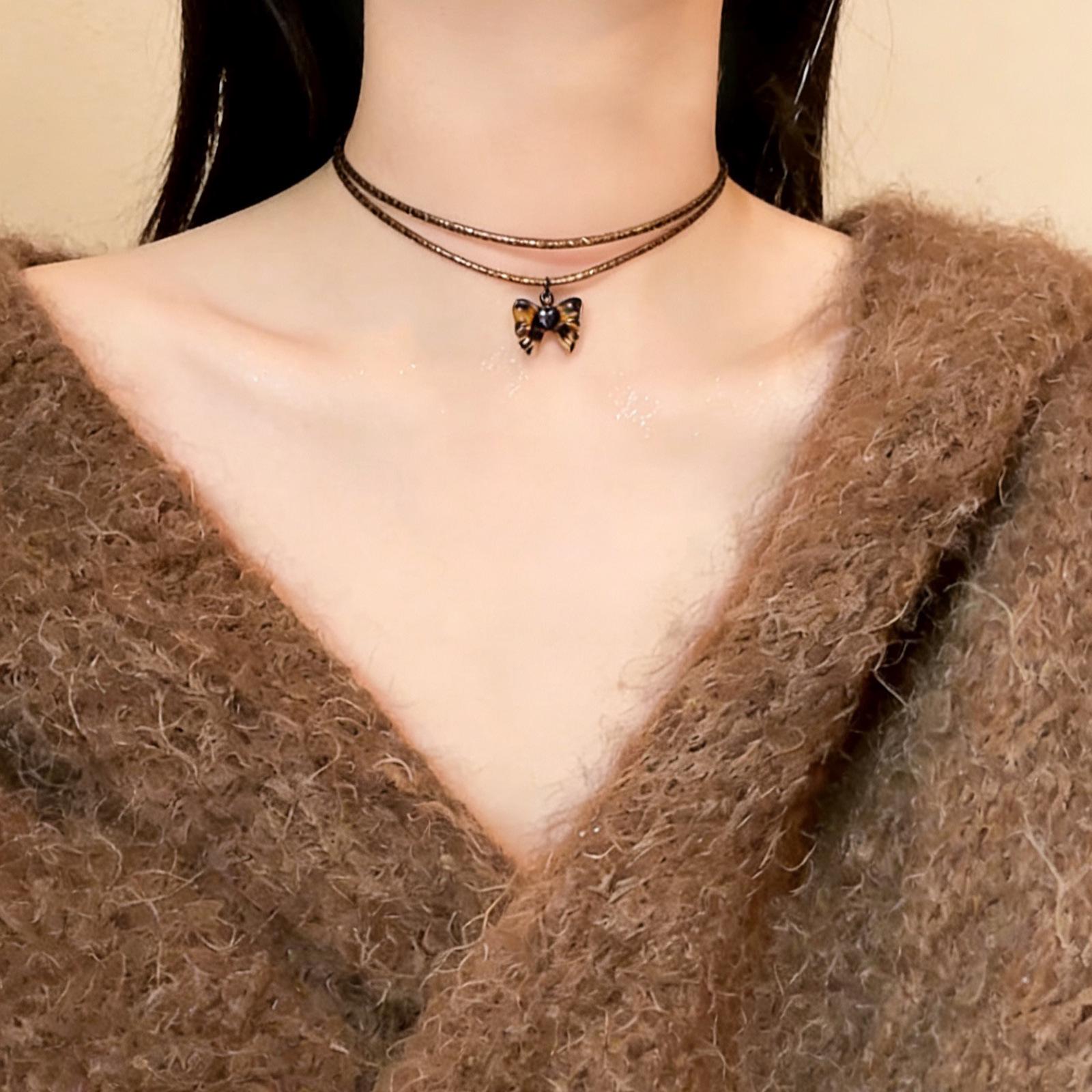 Элегантный женский чокер с подвеской-бабочкой леопардовой расцветки, двухслойный, золотой, с текстурой Light Gold