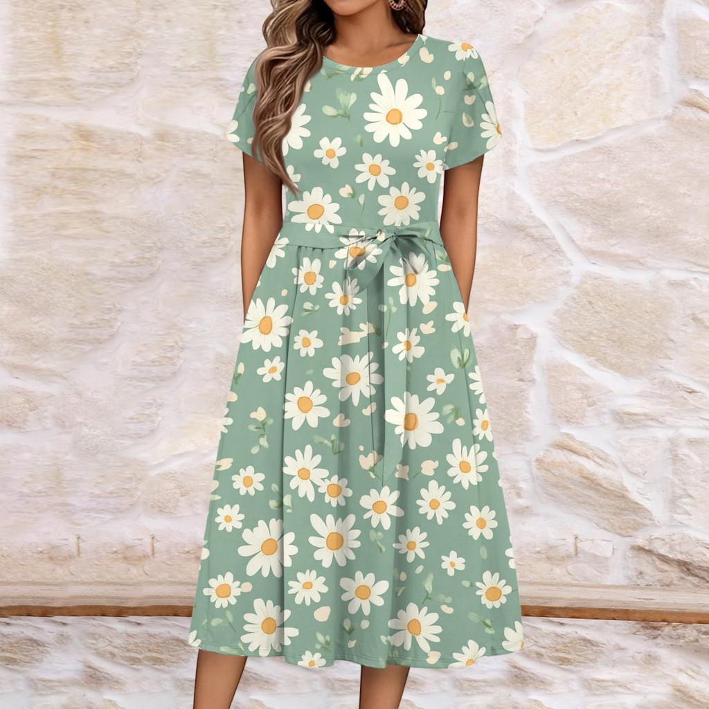 Women's Summer  Casual Floral Print  Round Neck Midi Dress Basic Classic Outdoor Everyday Short Sleeve Loose Dress