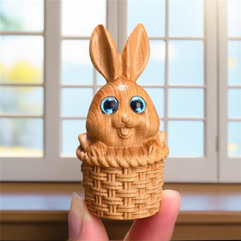 

7cm Natural Thuja Wood Carved Cute Rabbit in Basket Ornament, Big Blue Eyes Rabbit Figurine, Creative Home Decoration