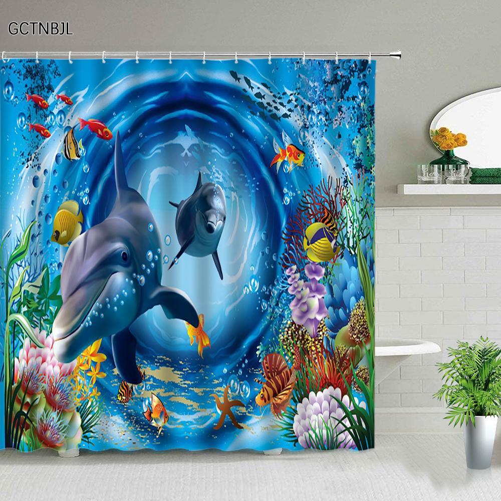 Funny Dolphin Shower Curtains Cute Ocean Animal Blue Seawater Sea Wave Scenery Bathroom Decor Cloth Hanging Curtain With Hooks