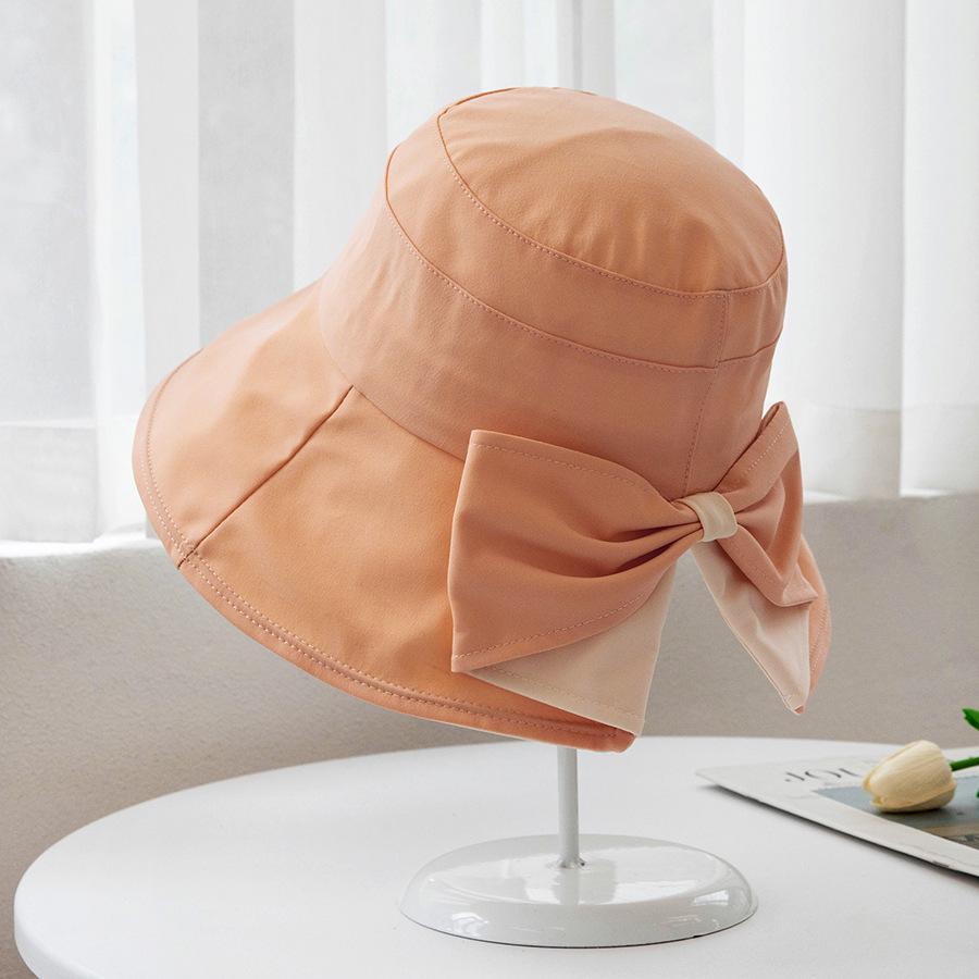 Koreanischer zweifarbiger Sonnenhut mit breiter Krempe und Schleife für Damen - Flacher Oberteil, Schlitz hinten, UV-Schutz