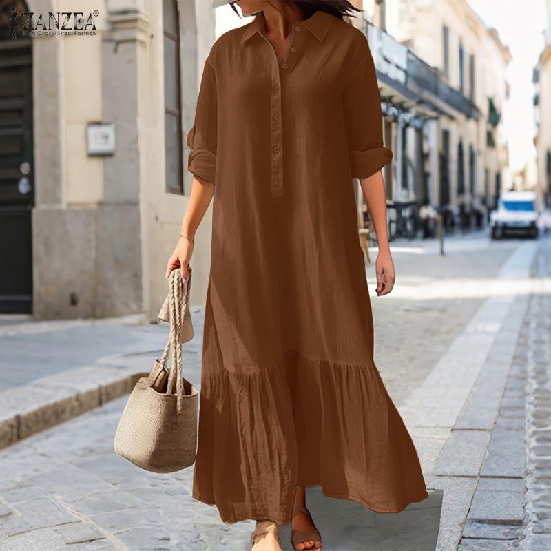 ZANZEA Women Casual Turn Down Collar Solid Color Long Sleeve Dress