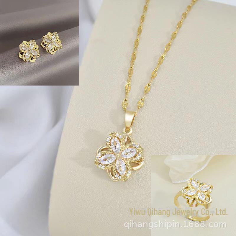 Drehbare Halskette aus Titanstahl mit vierblättrigem Blütenblatt und eingelegtem Zirkonia-Anhänger – frischer und modischer Stil für Damen