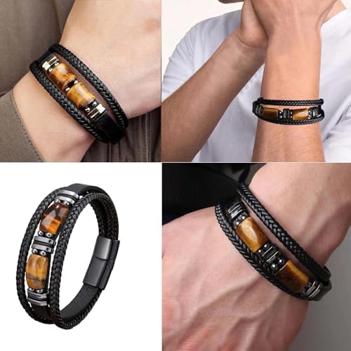KNUIUYY Men's Tiger Eye Leather Bracelet Multi-Layer Braided Magnetic Clasp Gift for Dad