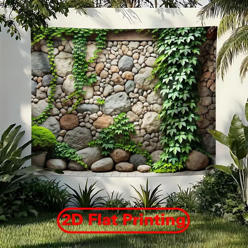 Rustic Cobblestone Wall Tapestry, Green Ivy Vines On Natural Rock Wall Hanging for Patio and Balcony