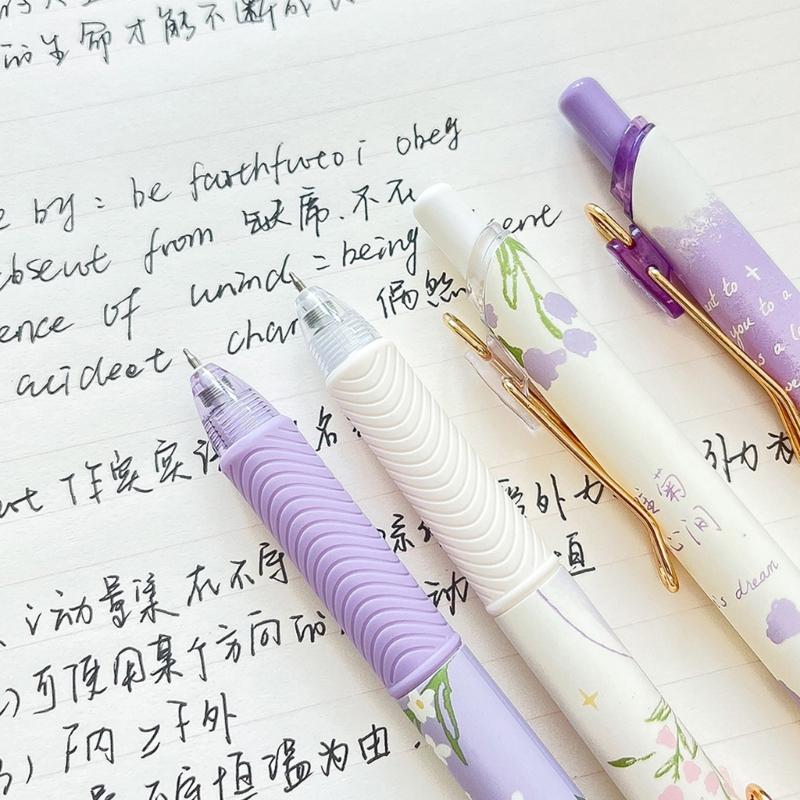 4PCS Flower Print Gel Inks Pen Retractable Gel Pen with Metal Clip Ergonomic Grip 0.5MM Tip Black Inks for Office School