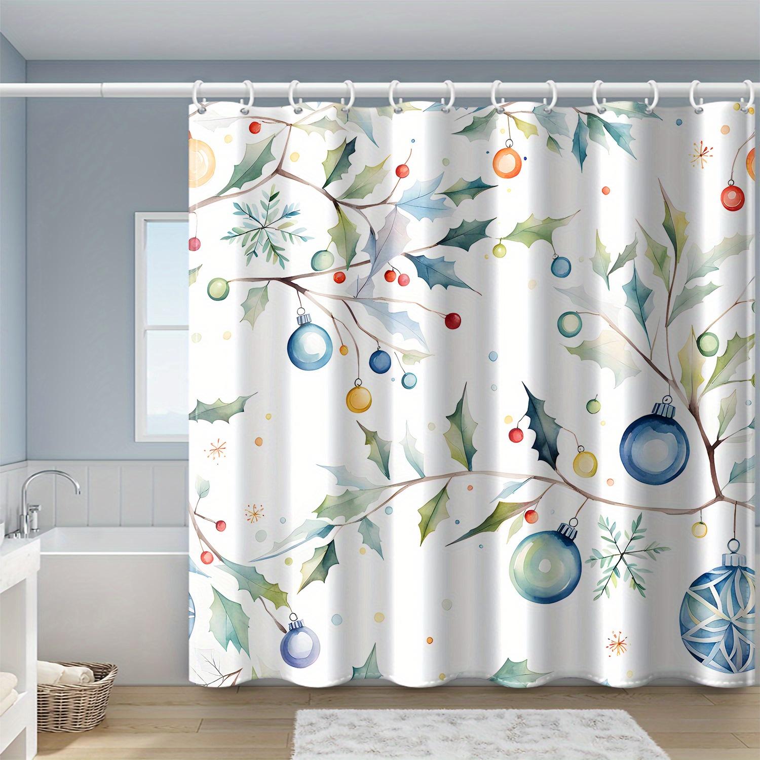 

1 X Christmas Teal Light Ball Leaf Print Shower Curtain, Waterproof Polyester Fabric, With Hooks, Suitable For Bathroom W60H190(CM)-1 Pcs