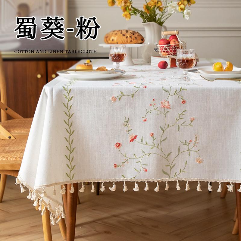 Cotton Linen Table Cloth Heavy Duty Embroidery Tablecloths Farmhouse Tablecloth Soft and Wrinkle Free Table Cover with Tassels