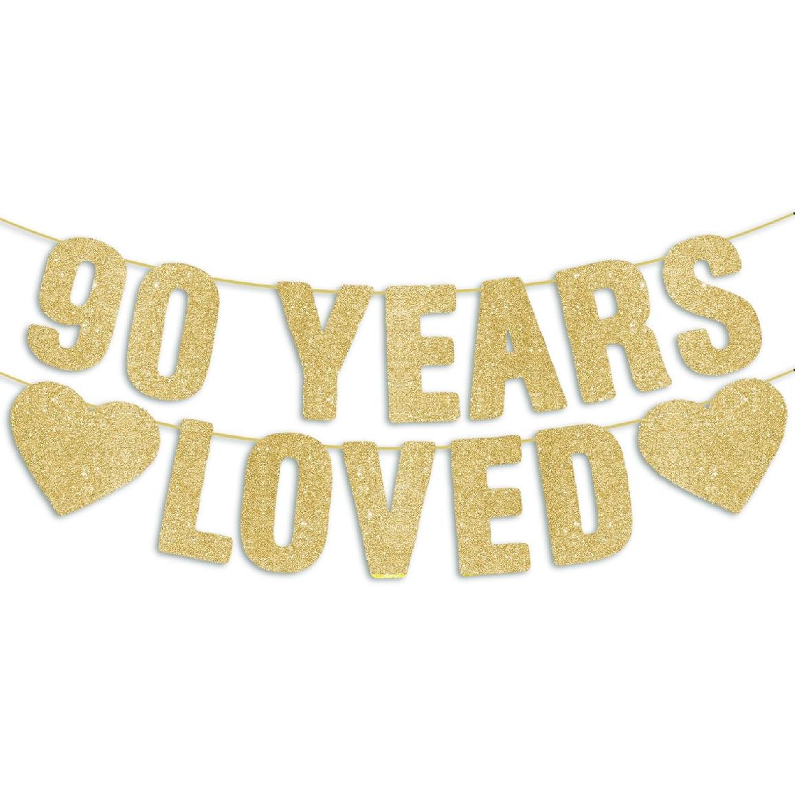 Pre-Strung 90th Birthday Banner - Gold Glitter, Happy 90th Birthday Decorations for Women, 90 Year Old Anniversary Party Decor for Men, 90 Bday Sign