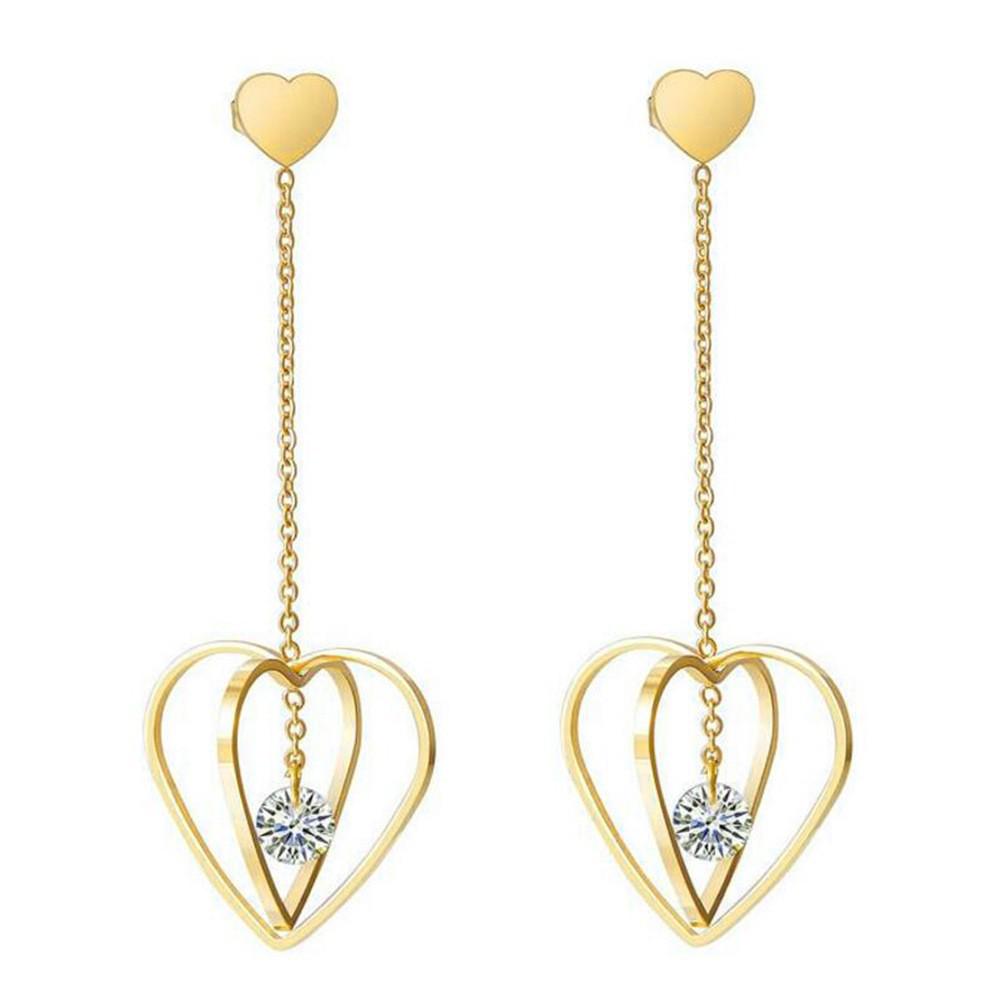 25MM Long Hollow 3D Heart Rhinestone Stud Earrings in Stainless Steel