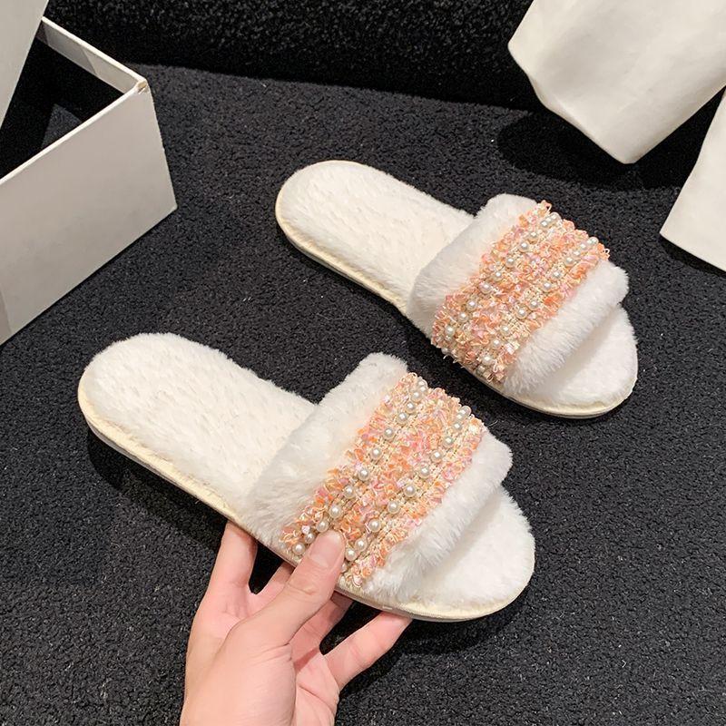 Casual flat-bottomed velvet one-word cotton slippers 2025 new autumn and winter fashion versatile home fluffy slippers women