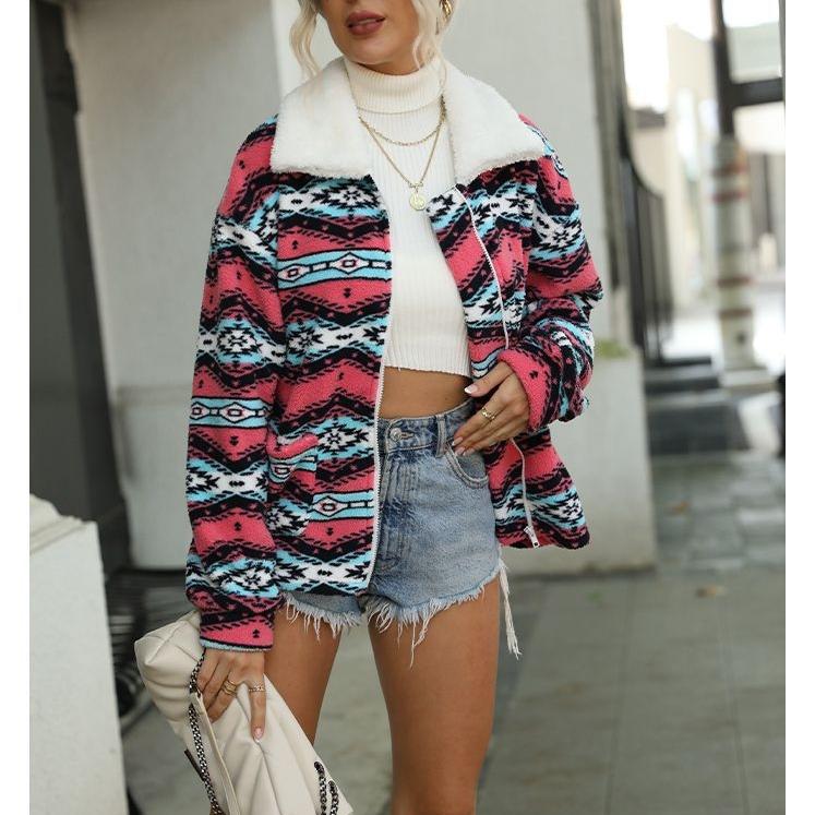 GMXIA Autumn Women's Loose Zipper Long-sleeved Plush Lapel Color-blocked Geometric Print Plush Coat