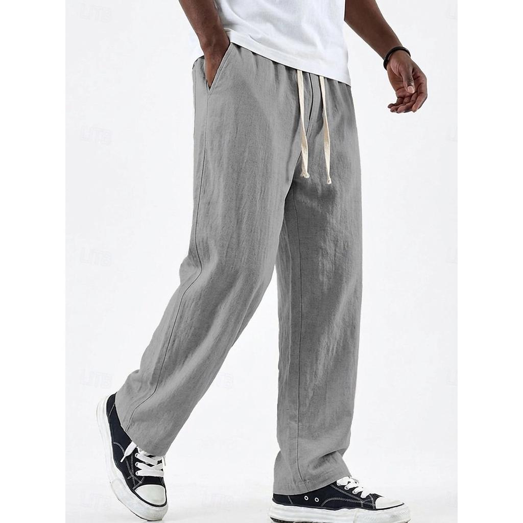 Spring Summer Men's Old Money Style Linen Cotton Loose Straight Wide Leg Trousers Drawstring Casual Pants