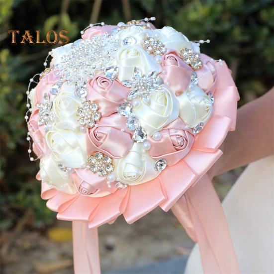 Wedding Bouquet for Bride Satin Artificial Flower Bridal Bouquet with Rhinestones Faux Pearls Bridesmaid Flower Bunch with Handle for Wedding