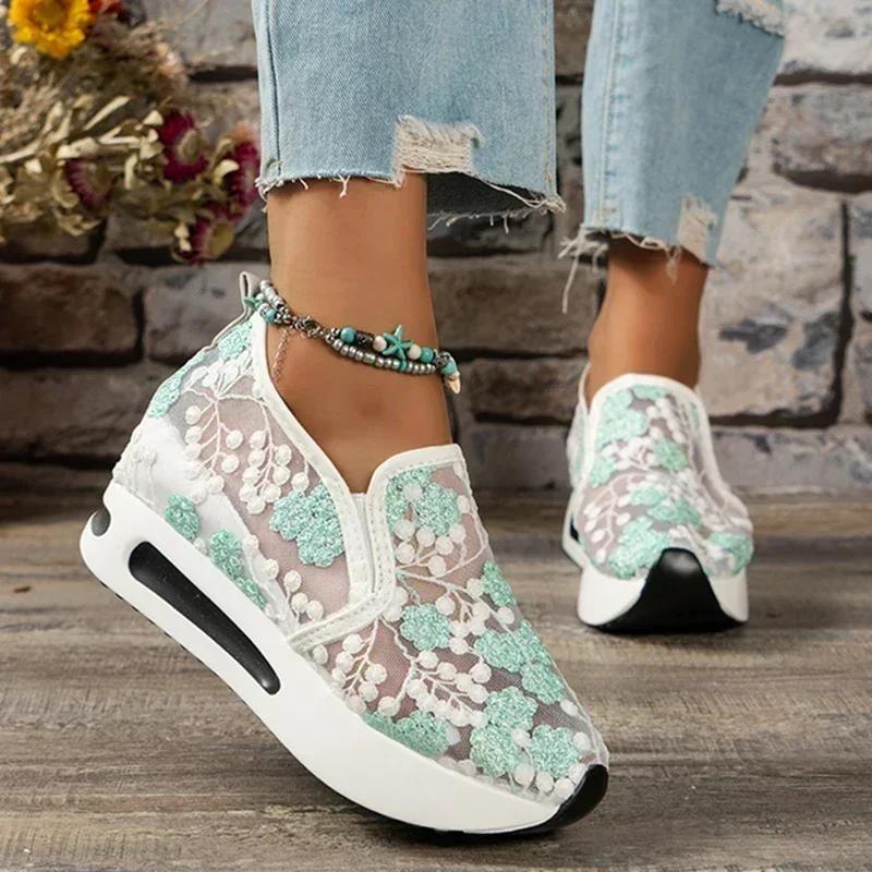 2026 Spring Embroidery Thick Platform Sneakers Women Breathable Mesh Loafers Woman Plus Size 42 Slip on Wedge Heels Casual Shoes
