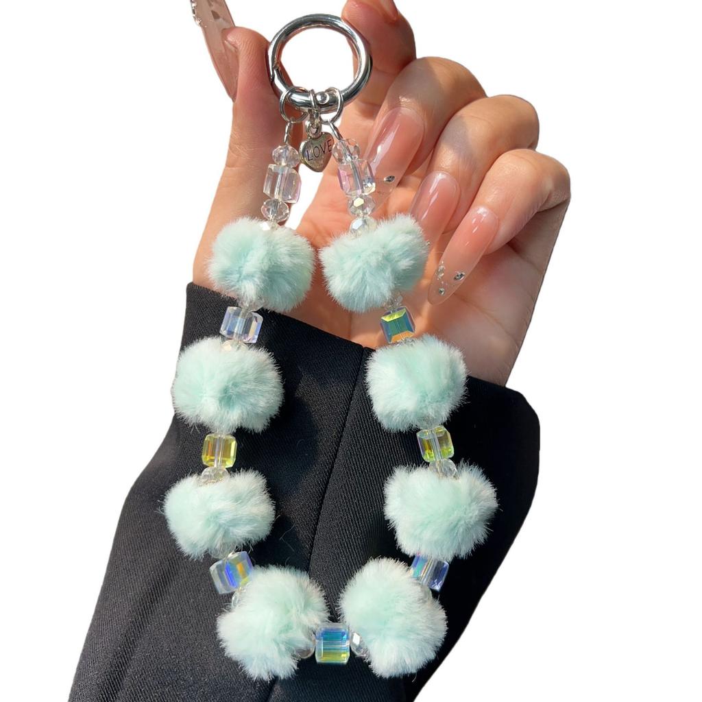 Crystal Pom-Pom Autumn Winter Phone Chain Keychain Plush Beaded Bracelet Bag Pendant Small Gift Phone Strap Wholesale