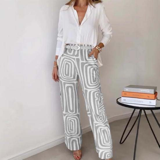 Women's Two Piece Outfits Long Sleeve Button Down Shirts And Long Pants Dressy Business Set Casual Office Work Set