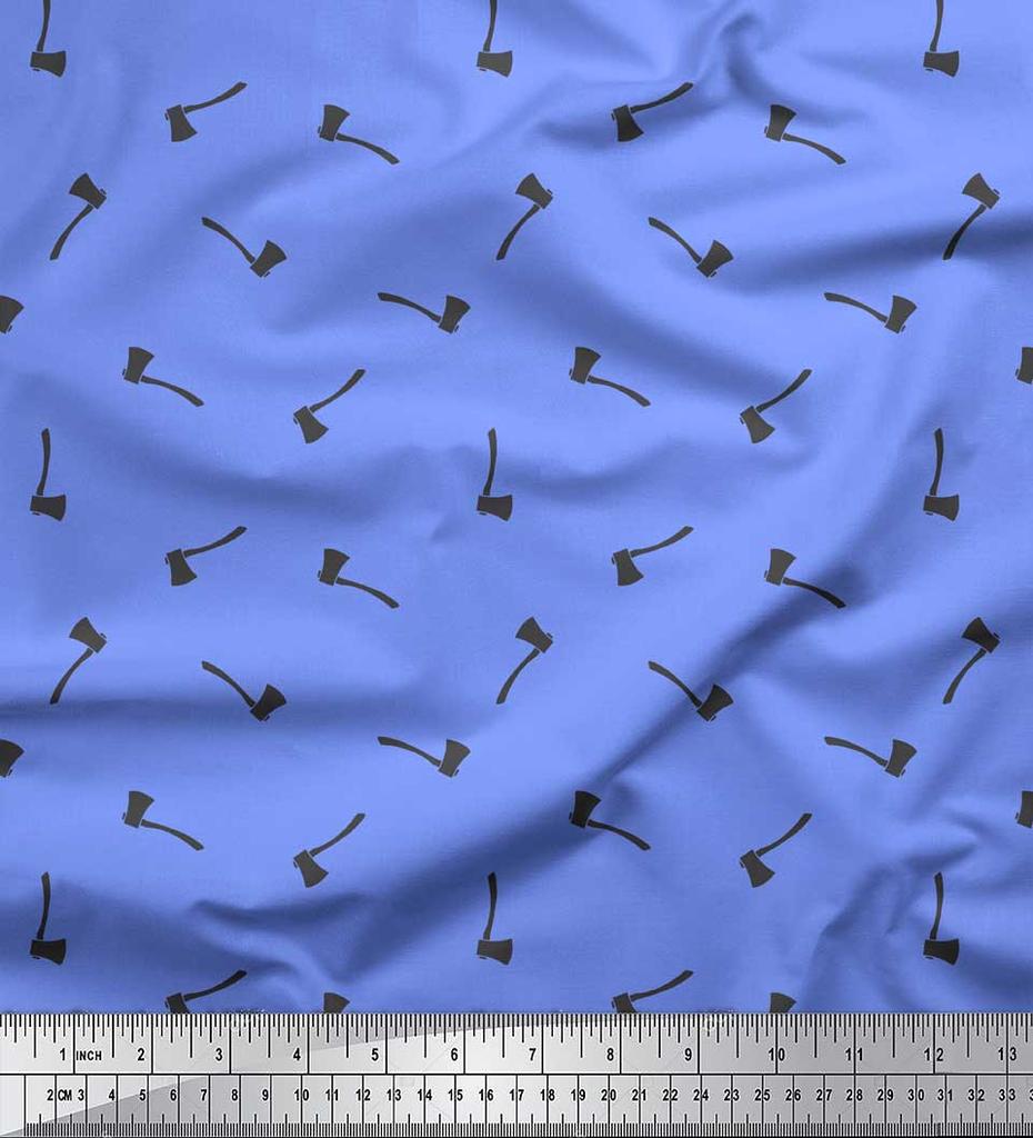 Soimoi Blue Japan Crepe Satin Fabric Axe Hardware Printed Craft Fabric by the metre 42 Inch