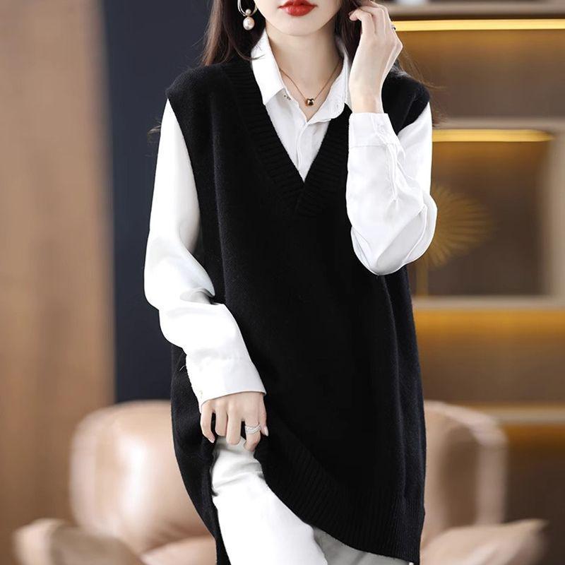 

Корейский вязаный жилет с V-образным вырезом: Осенне-зимний многослойный пуловер One Size чёрный