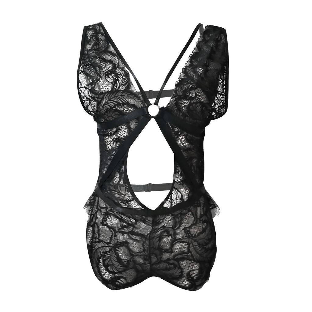Women's Sexy Deep V Cross Ring Strap Lace One-piece Sexy Lingerie