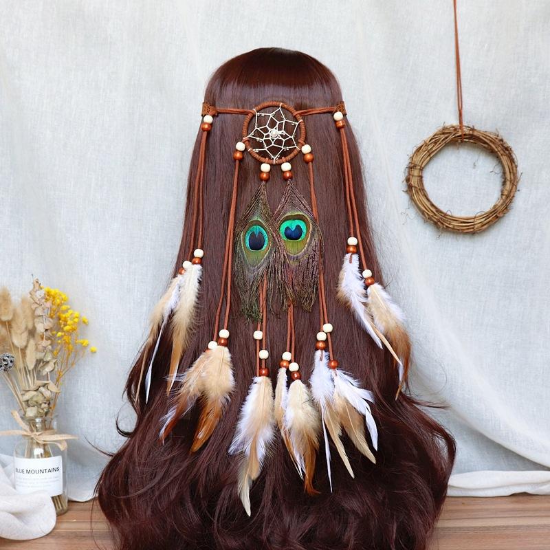 Bohemian Long Fringed Feather Headband Women's Retro Dream Catcher Headgear Travel Vacation Hairline
