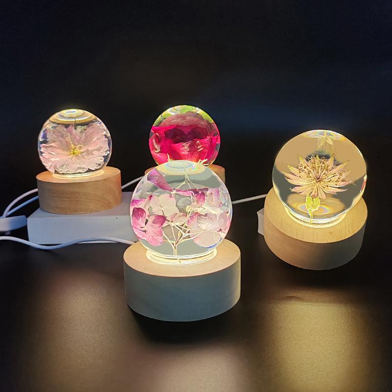 Touch Dimmable Crystal Ball Lamp with Creative Resin Flowers for Mid-Autumn Festival