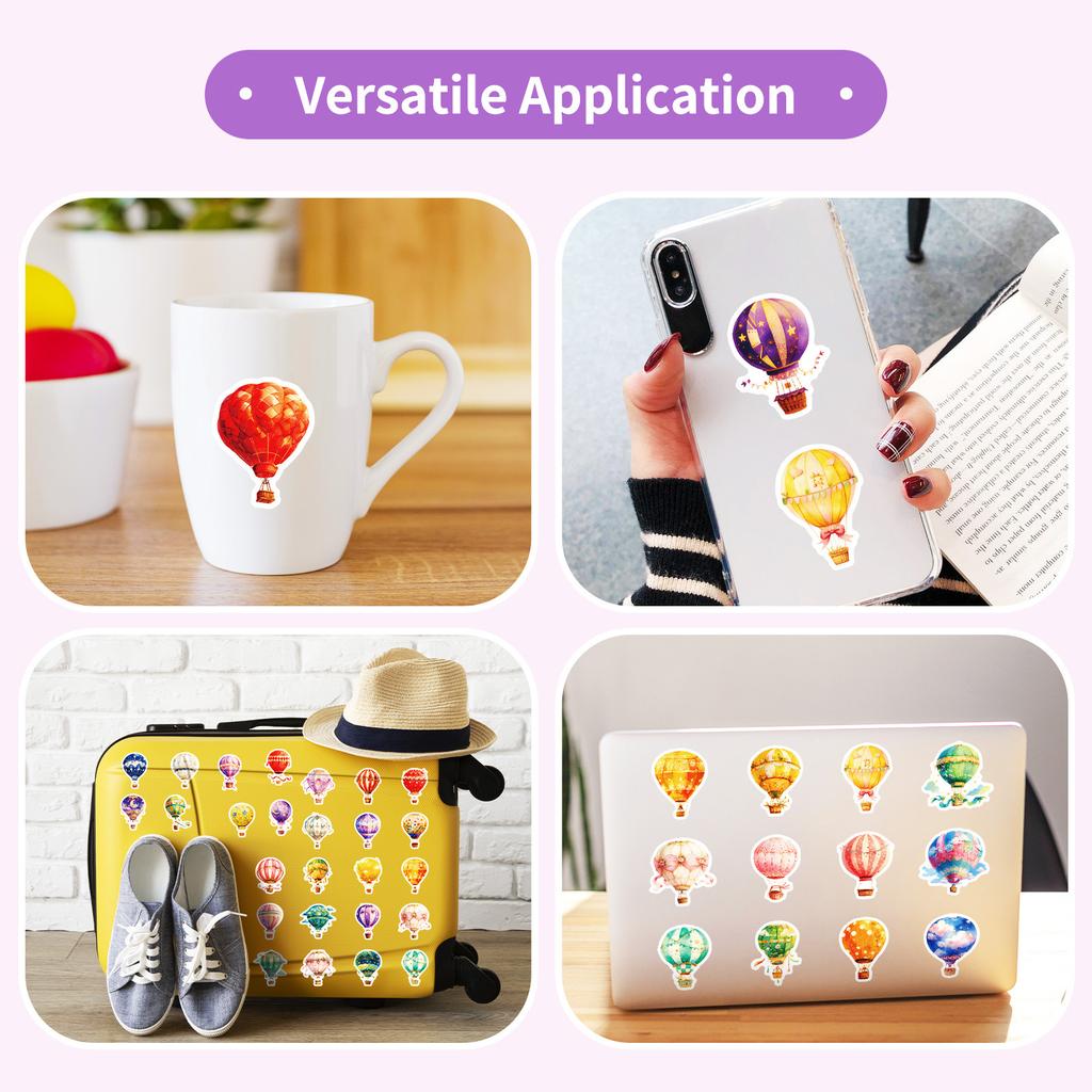 50Pcs Watercolor Hot Air Balloon Stickers – Waterproof Reusable Decals for Luggage, Laptop, Phone