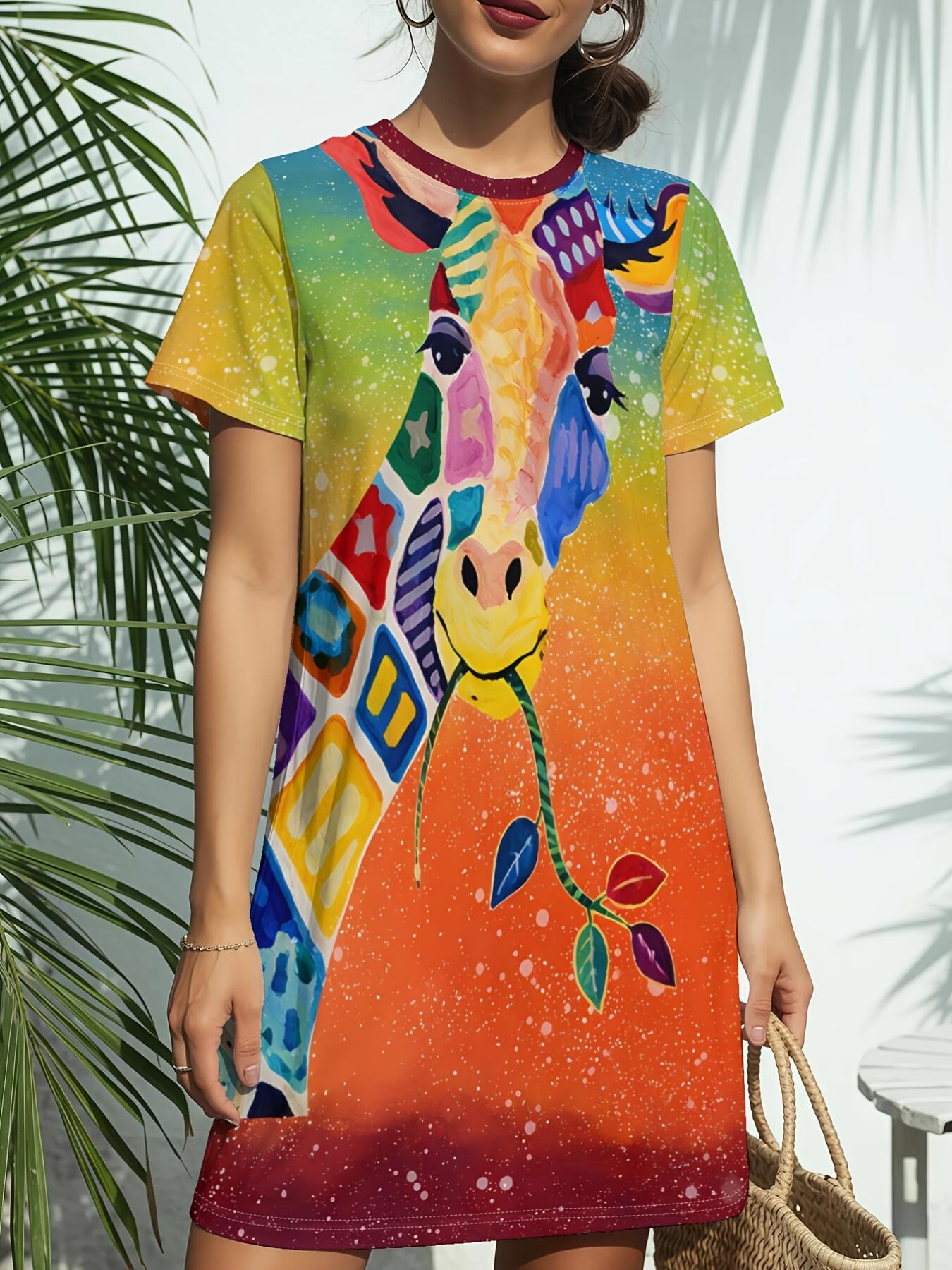 

Colorful Giraffe Art Print New Women S Round Neck Short Sleeve T-Shirt Dress. American Style Trendy Digital Print. Versatile for Spring And Summer Cas 4XL дубильна кора