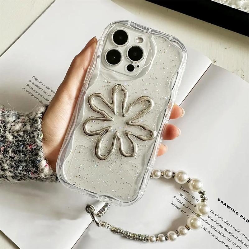 

Hollow Flower Glitter Glitter Phone Case for IPhone 17 Promax Laser Shooter Chain for Apple 16 Soft Case For iPhone 17Promax