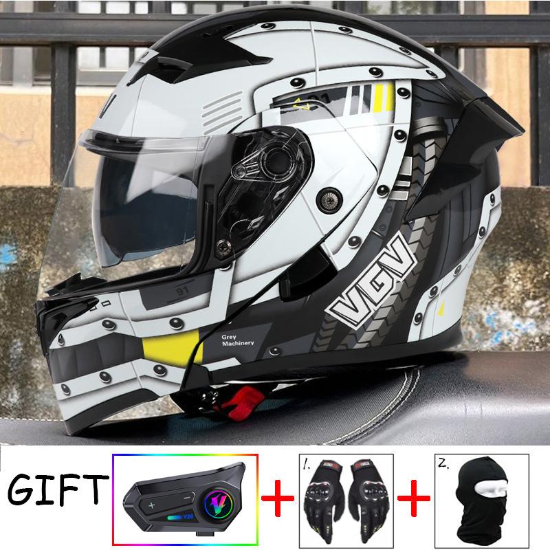 VGV Double Lens flip up helmet Openable motorcycle helmet come with wireless headset gloves headgear Value Promotional Packages