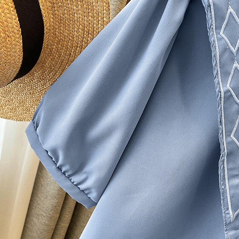 Vintage Blau Peter Pan Kragen Damen Shirts Mode Französisch Kurzarm Sommer Bluse Frauen Button Up Kleidung Tops 27081