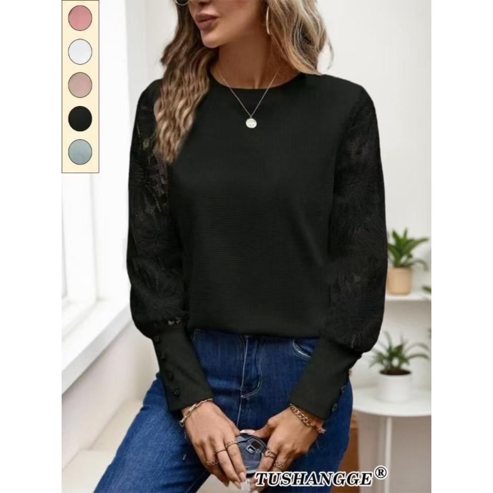 2024 Autumn Top European and American Solid Color Long Sleeve Embroidered Lace Splicing Waffle Round Neck Top Fashionabl Versatile