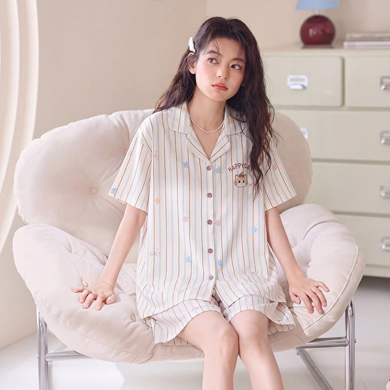 Women's short-sleeved pure cotton pajamas summer new cartoon cute loungewear can be worn outside women's striped shorts set