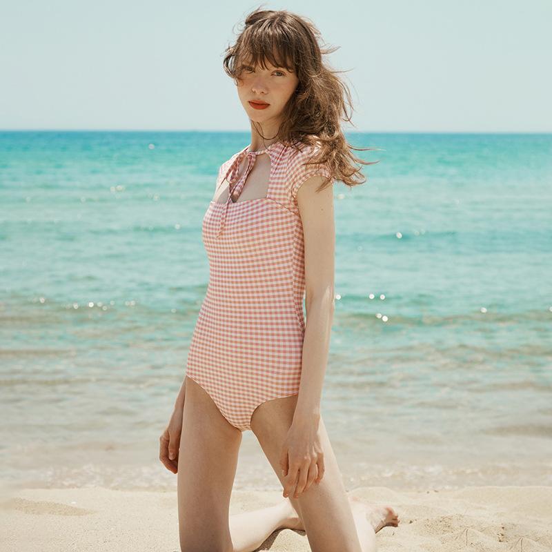 Plaid Retro Hong Kong Style Backless Tube Top One-piece Swimsuit Female Slim and Thin Temperament Resort Seaside Entity