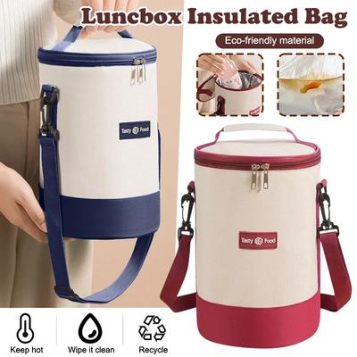 Tragbare Lunchtasche mit großem Fassungsvermögen, frisch haltende, zylindrische, isolierte Lunchbox-Tragetasche, runde Thermokühltasche aus Aluminiumfolie für Lebensmittel