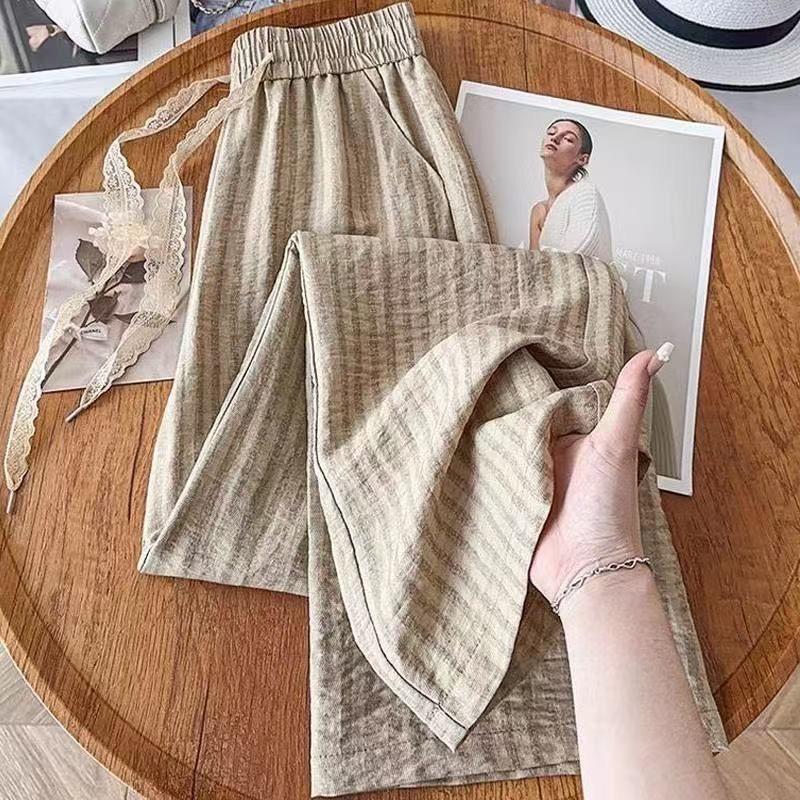 

Summer Women s Breathable Stripe Wide-Leg Pants - Comfortable, Elastic Waist, Flaw-Hiding, Perfect for Commuting and Casual Wear 3XL (145-160 Jin) хаки
