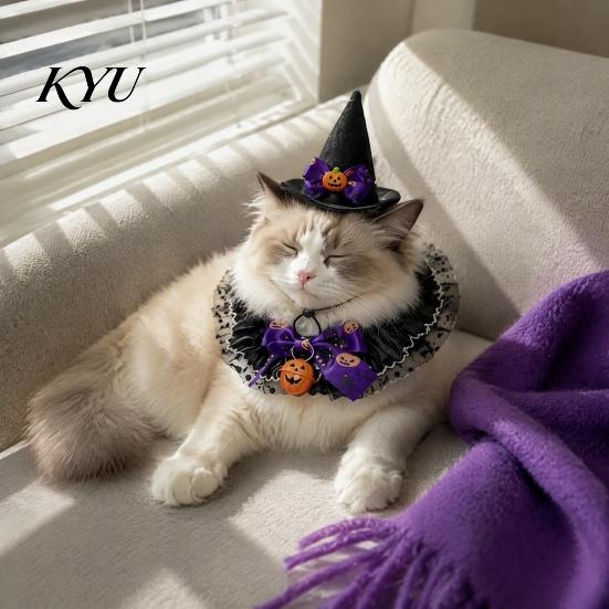 Funny Halloween Pet Accessories 1 Set Cat Costume, Wizard Hat And Lace Bandana, Ruffled Bib Witch Scarf with Bow Bell, Holiday Party Outfit for Small