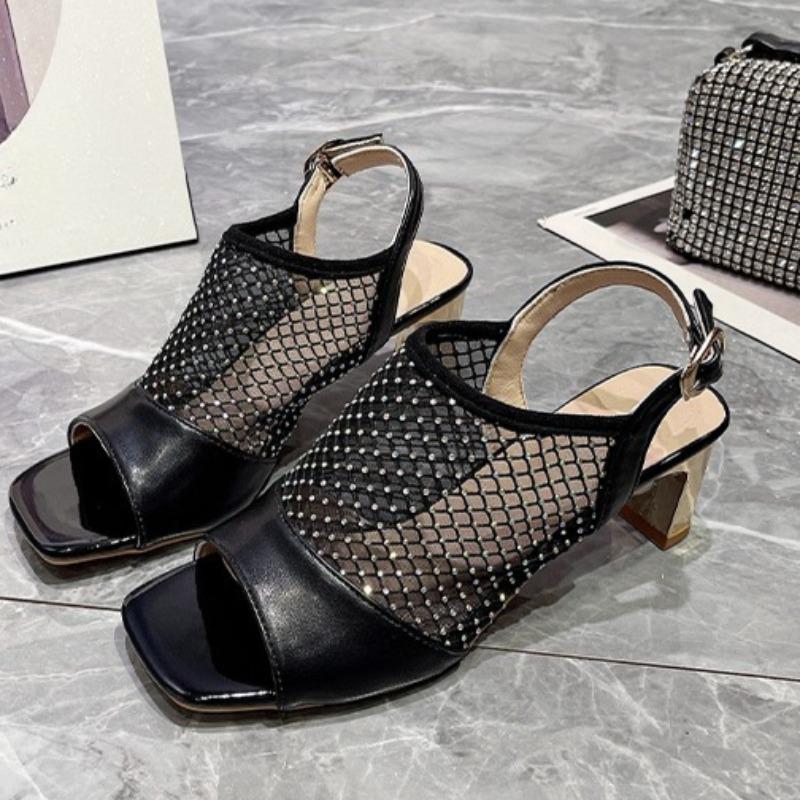 Fashion New Cutout Rhinestone Mesh Breathable Sandals Women's Summer Square Toe Open Toe Back Empty Square Heel Pump Shoes