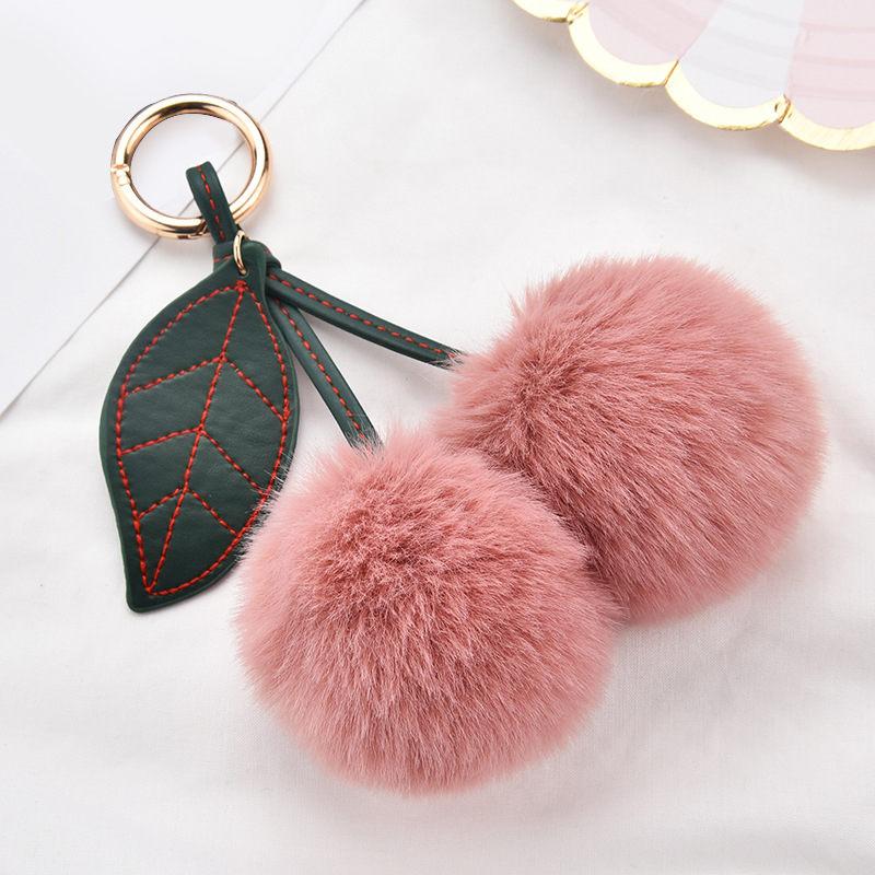 Fashion New Cute Fluffy Artificial Rabbit Fur Ball Pompom Leaf Keychain Cherry Key Chain Handbag Pendant Car Key Chain Ring