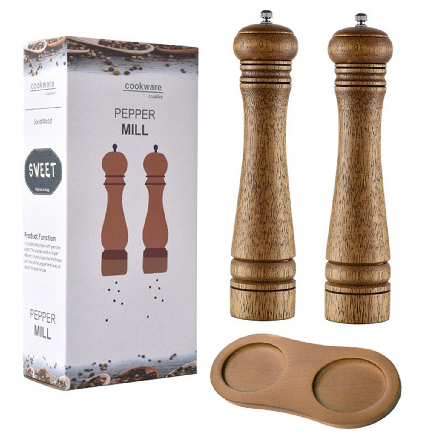 Set Râșnițe de Piper din Lemn de 2 cu Bază, Miez Premium din Ceramică, Grosime Reglabilă pentru Sare & Condimente, Ustensilă de Bucătărie L maro