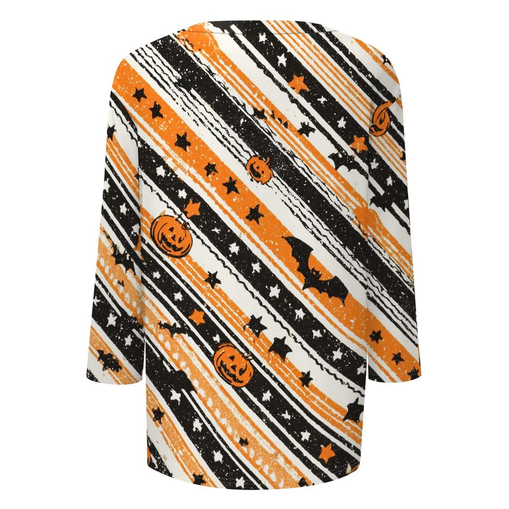 Women's Casual Halloween Print Pullover Top Three Quarter Sleeve Round Neck Shirt Lightweight Comfortable Fabric