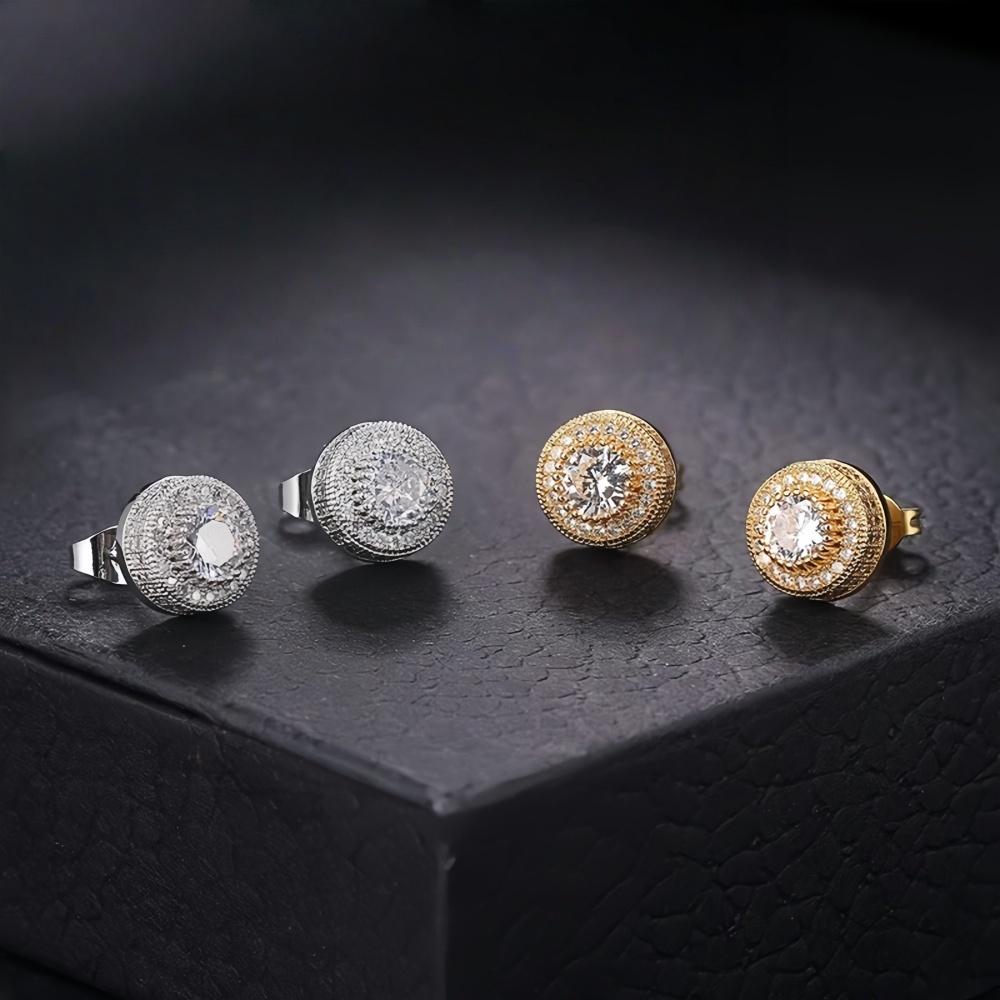 Hip Hop Round Crystal Zircon Stud Earrings Simple Copper Men's Earrings Fashion Party Women's Jewelry Accessories Gifts
