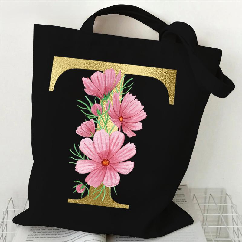 26 Golden Alphabet Floral Tote Bags for Women Large Capacity Canvas Casual New Flower Alphabet Printed Female Reusable Handbag