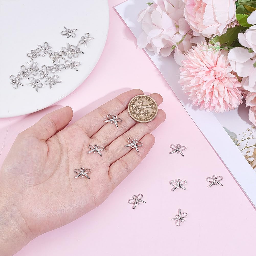 24 Pcs Bow Connector Charms, Real Platinum Plated Brass Bowknot Charms Metal Connector Pendants with 2 Holes for DIY Earrings Bracelet Necklaces